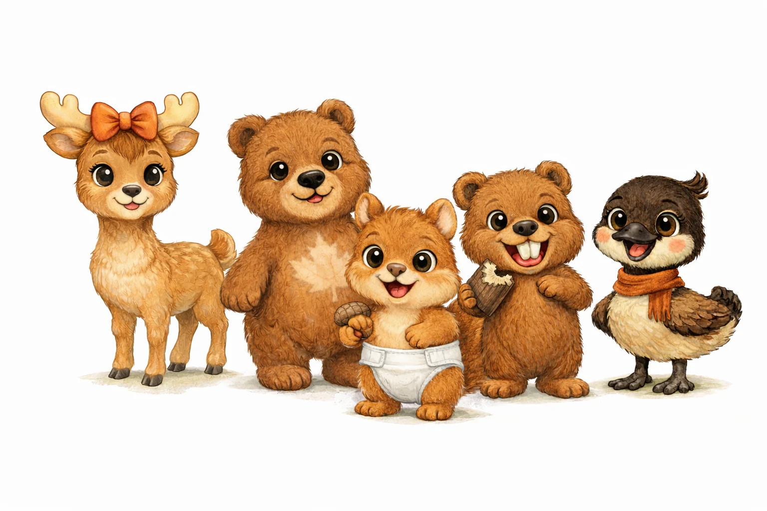 The five ROOTS characters: Timmy, Jasper, Maple, Chip and Luny