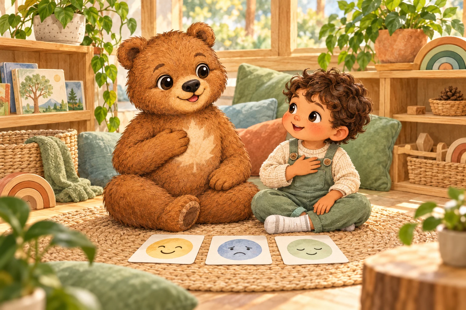 Jasper helps a child recognise emotions and practise breathing in a cosy corner.