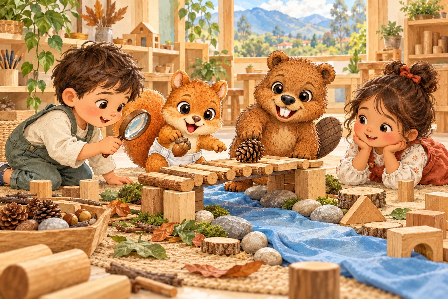 Timmy and Chip build and test a wooden bridge with children.