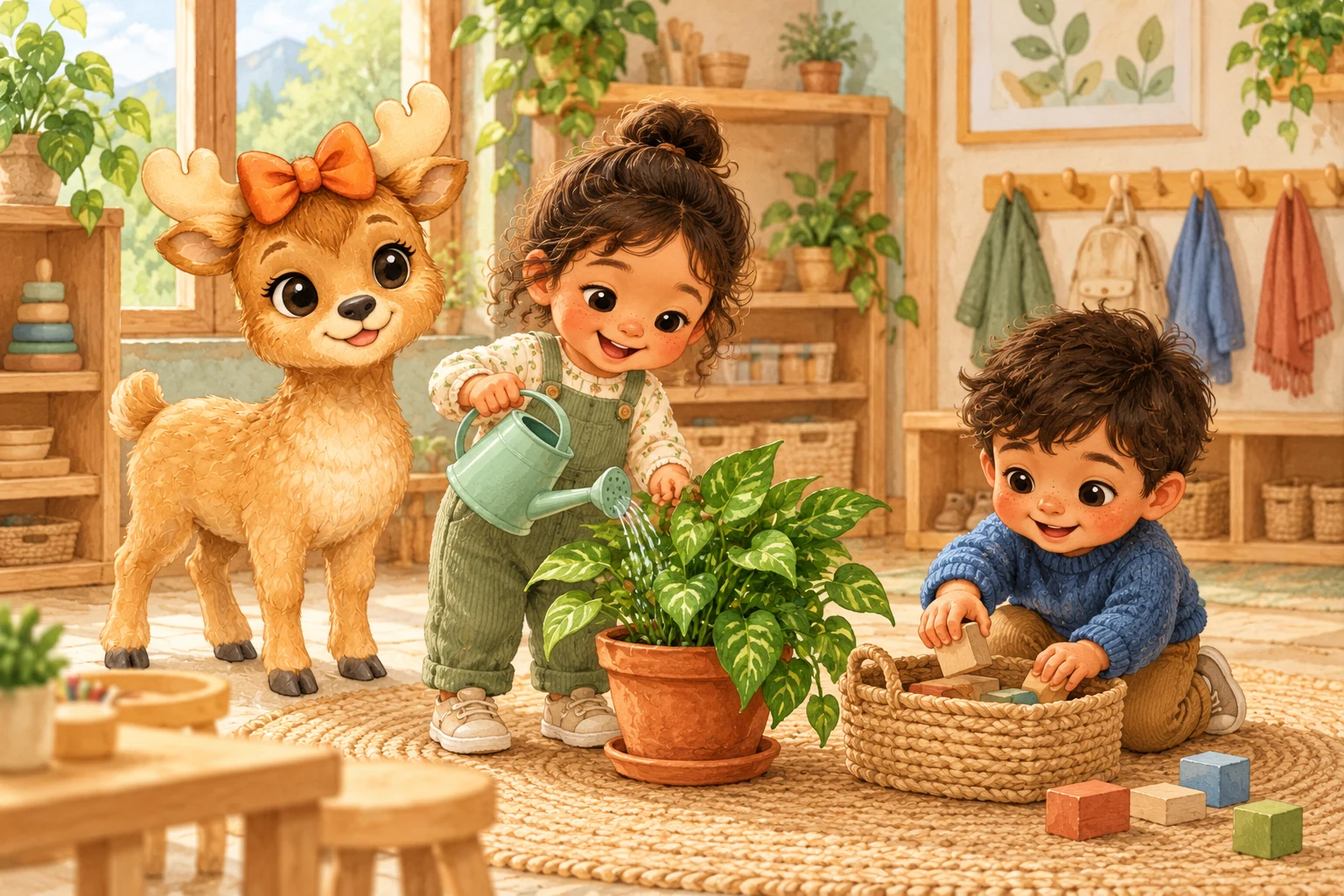 Maple encourages children to water a plant and put materials away independently.