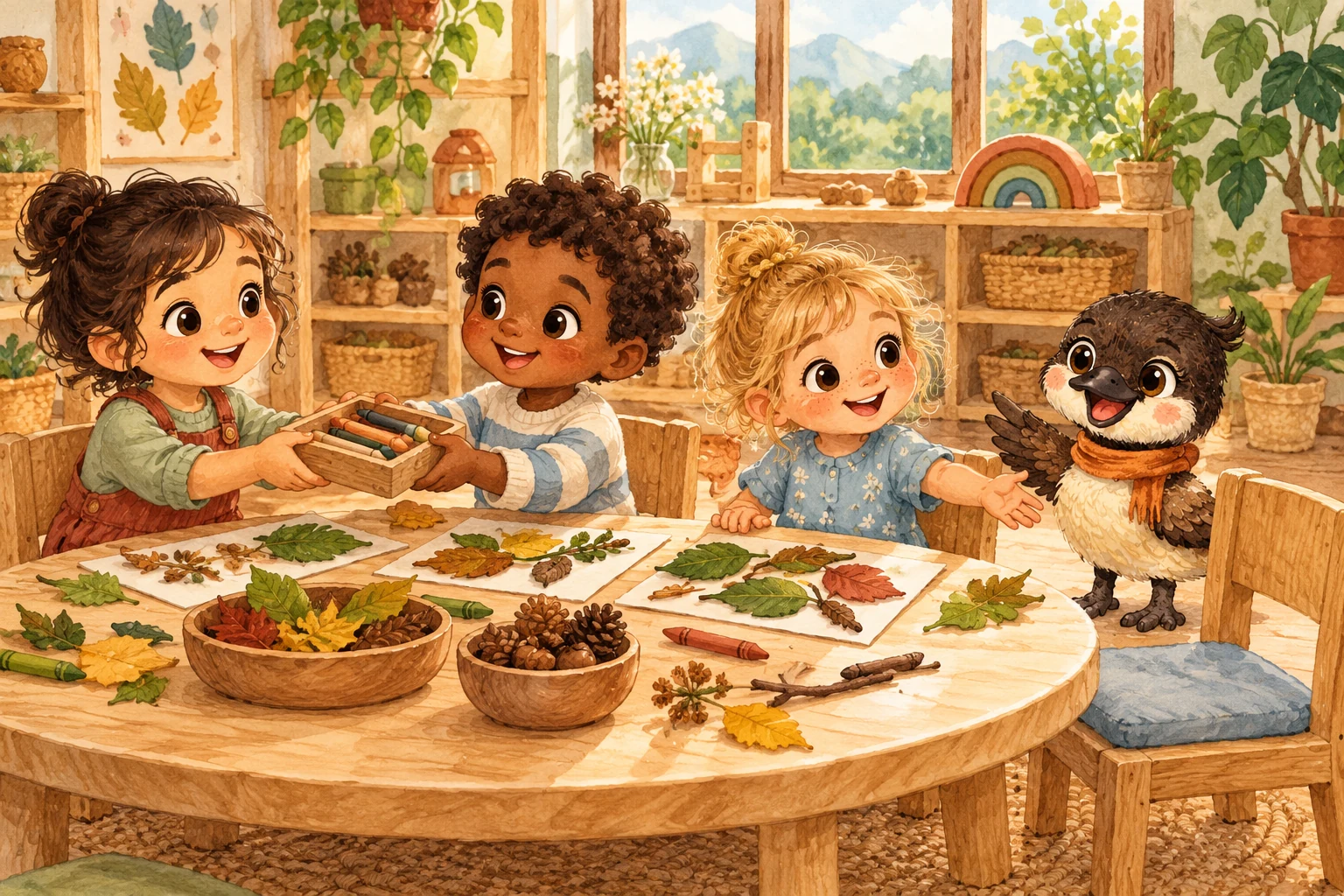 Luny joins children as they share materials and invite a friend to take part.